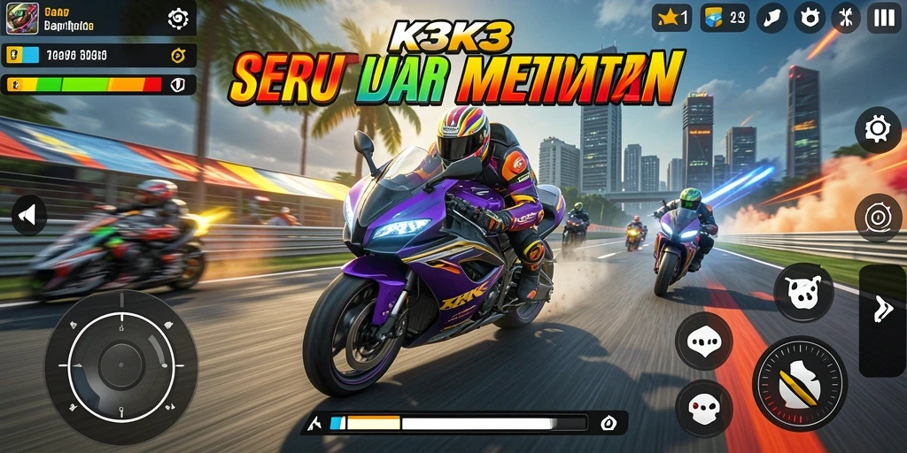 Gameplay K3K3 menampilkan balapan motor yang seru dan mendebarkan.