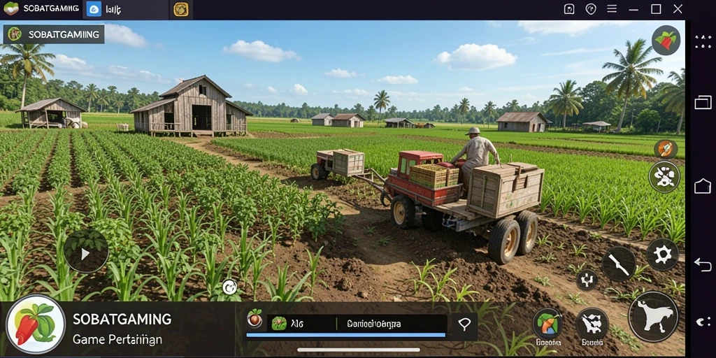 Screenshot SOBATGAMING menampilkan lahan pertanian yang indah dengan berbagai tanaman.