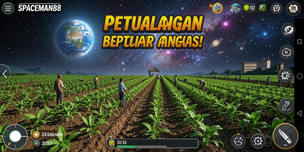 Screenshot gameplay SPACEMAN88 menampilkan petualangan bertani di planet asing.